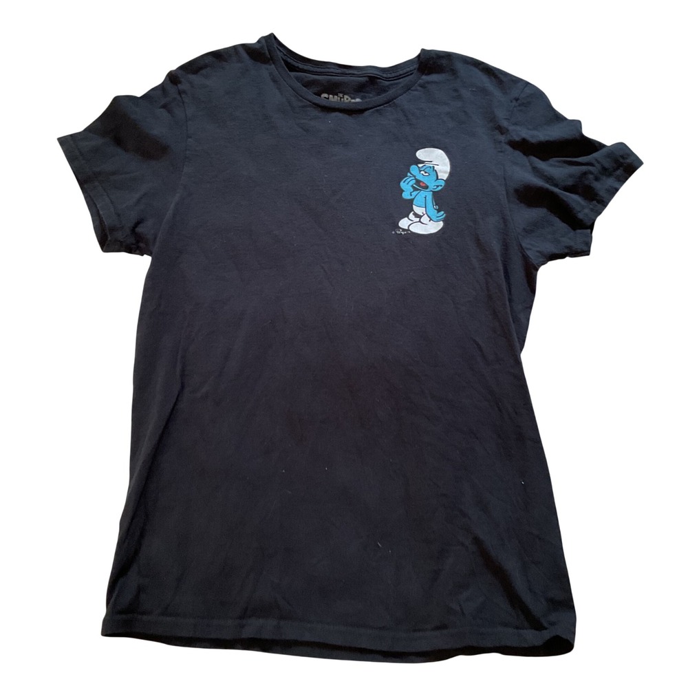 The Smurfs Black Graphic T-Shirt Small Cotton Crew Neck Mushroom Back Print